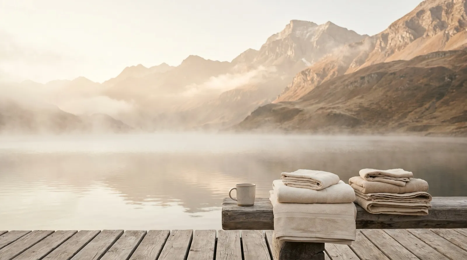 Stiller Alpensee im ersten Morgenlicht, umgeben von Bergen und feinem Dunst