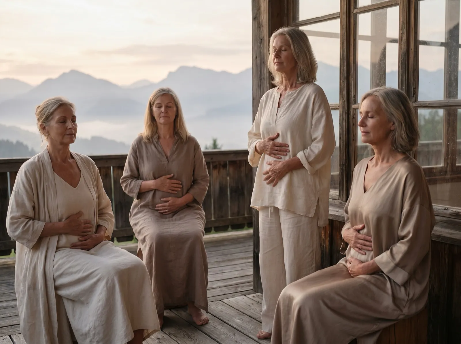 Frauen bei einer ruhigen Atemübung auf einer Holzterrasse in den Bergen