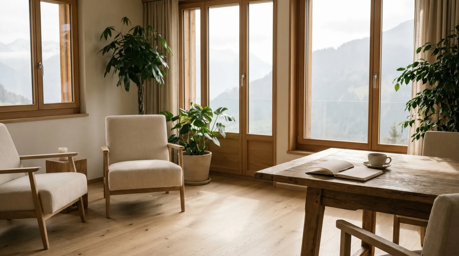Warmes Studio mit hohen Fenstern, Leinen und Eichenholz